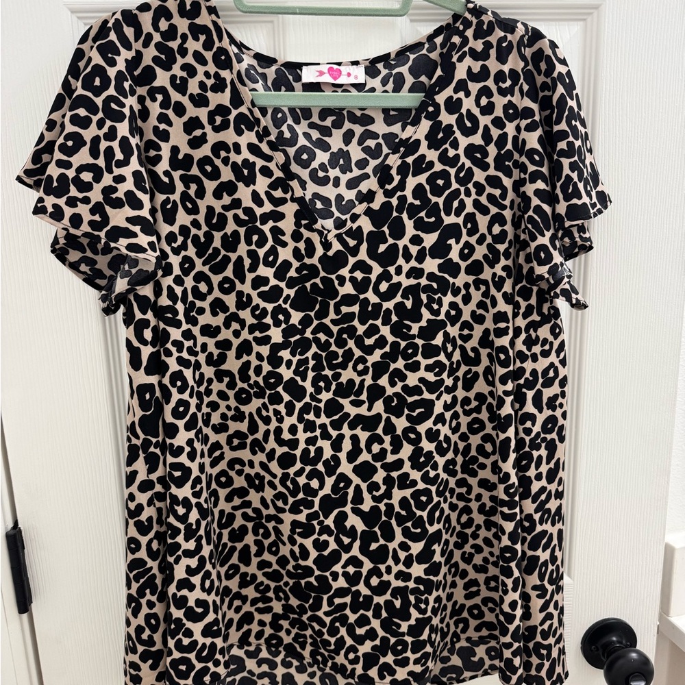 Buddy Love Beige and Black Leopard Print V-Neck Flutter Sleeve Top